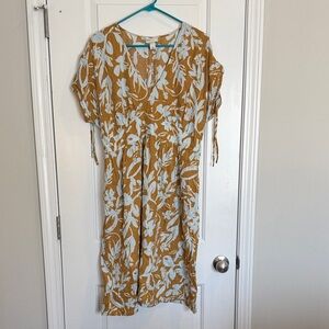 Floral V-Neck Midi Dress in Mustard and Light Blue